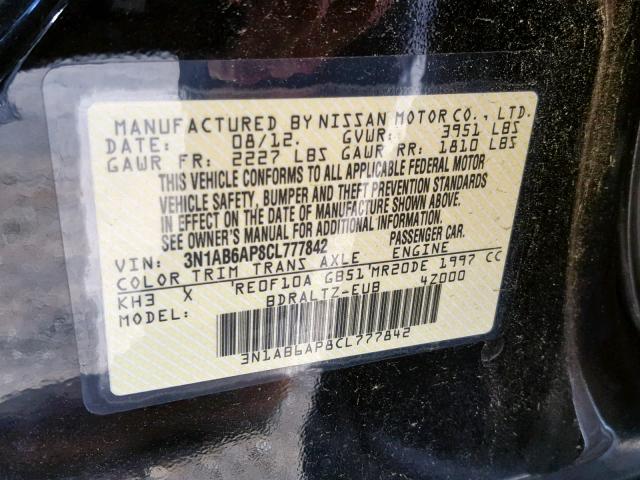 3N1AB6AP8CL777842 - 2012 NISSAN SENTRA 2.0 BLACK photo 10