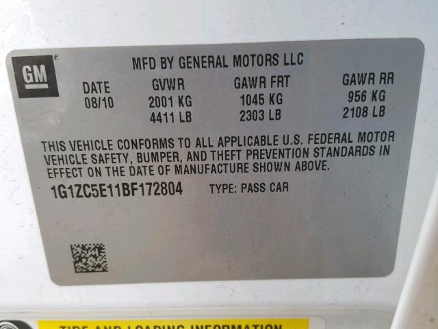 1G1ZC5E11BF172804 - 2011 CHEVROLET MALIBU 1LT WHITE photo 10