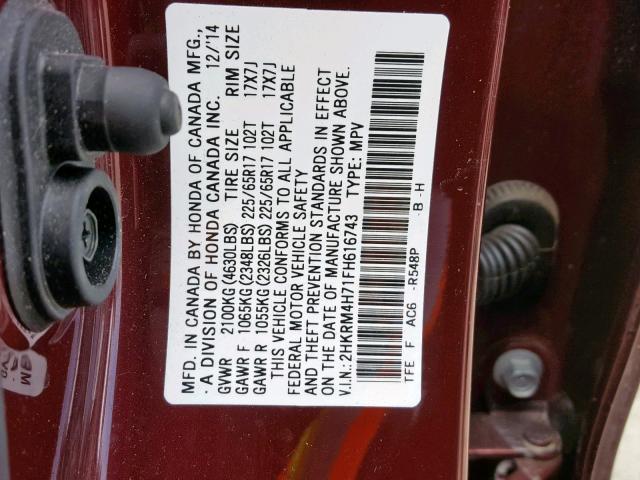 2HKRM4H71FH616743 - 2015 HONDA CR-V EXL RED photo 10