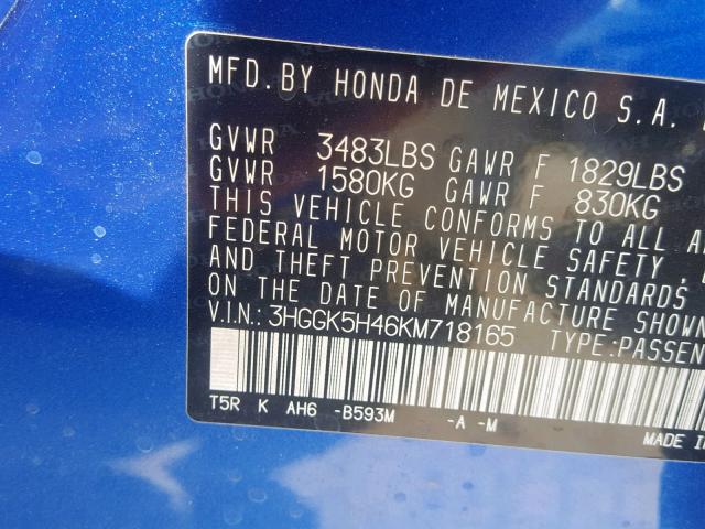 3HGGK5H46KM718165 - 2019 HONDA FIT LX BLUE photo 10