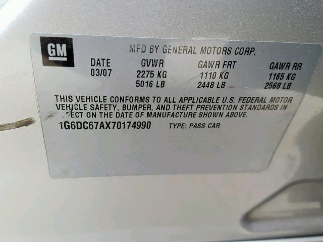 1G6DC67AX70174990 - 2007 CADILLAC STS SILVER photo 10