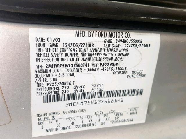 2MEFM75W13X668141 - 2003 MERCURY GRAND MARQ SILVER photo 10