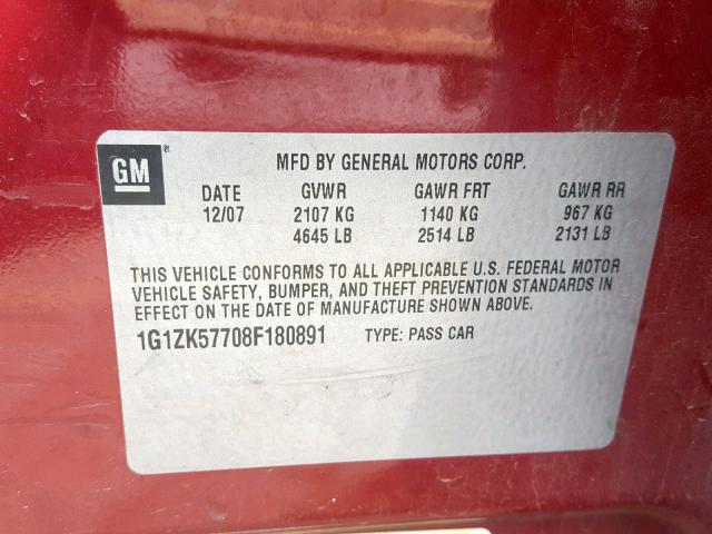 1G1ZK57708F180891 - 2008 CHEVROLET MALIBU LTZ 勃艮第红 照片 10