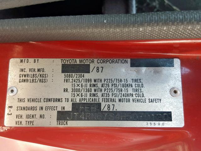 JT4RN67S4H5070120 - 1987 TOYOTA PICKUP XTR RED photo 10