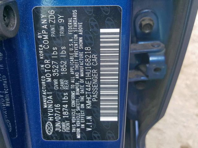 KMHCT4AE1HU168218 - 2017 HYUNDAI ACCENT SE BLUE photo 10