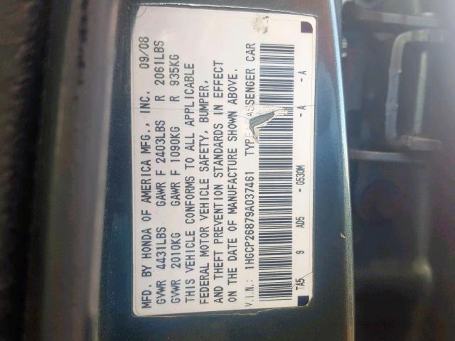 1HGCP26879A037461 - 2009 HONDA ACCORD EXL GREEN photo 10