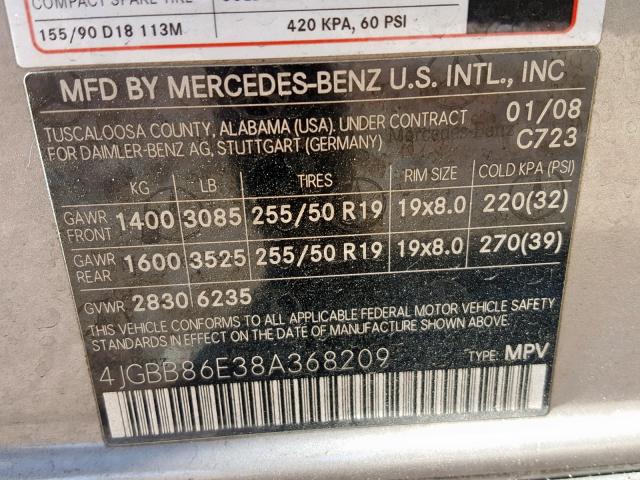 4JGBB86E38A368209 - 2008 MERCEDES-BENZ ML 350 GRAY photo 10