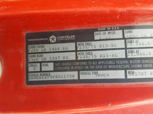 1B4GW12T9FS511758 - 1985 DODGE RAMCHARGER RED photo 10