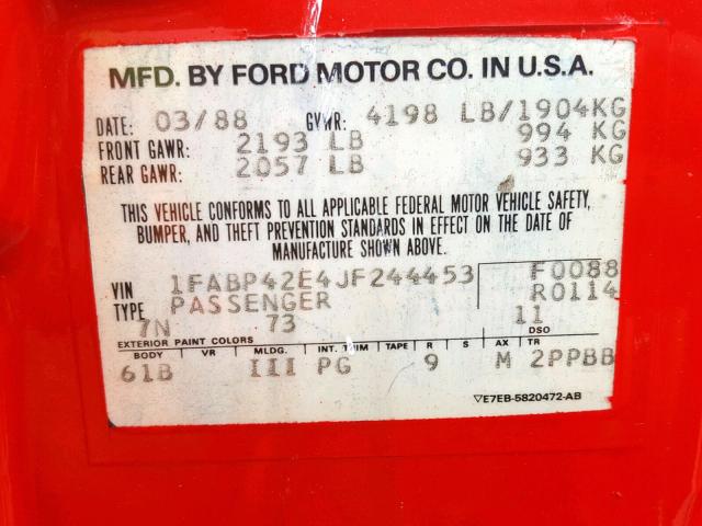 1FABP42E4JF244453 - 1988 FORD MUSTANG GT RED photo 10