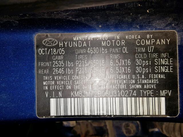 KM8JM72B06U310274 - 2006 HYUNDAI TUCSON GL BLUE photo 10