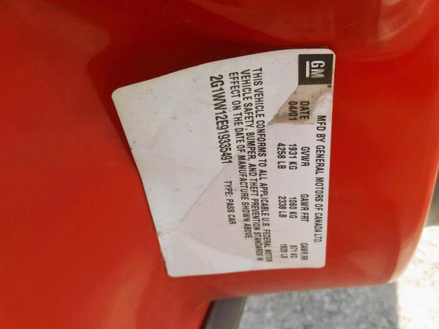 2G1WW12E919335491 - 2001 CHEVROLET MONTE CARL 红色 照片 10