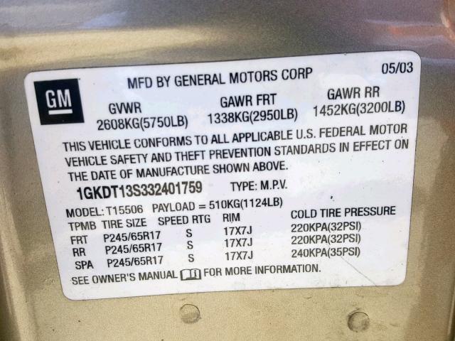 1GKDT13S332401759 - 2003 GMC ENVOY GOLD photo 10