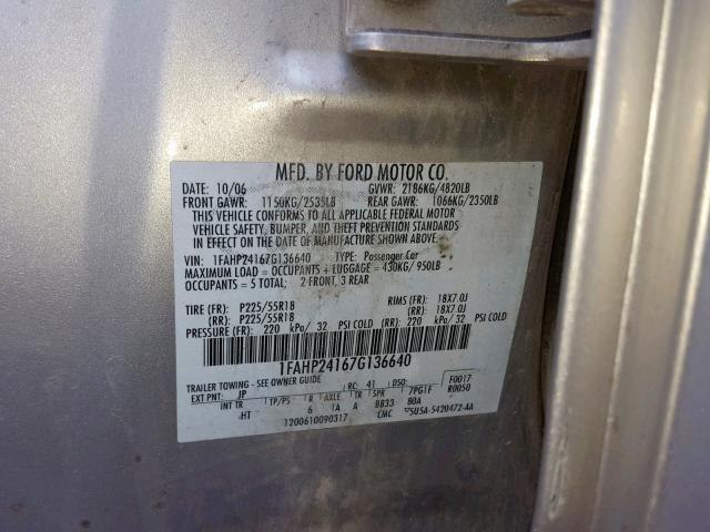 1FAHP24167G136640 - 2007 FORD FIVE HUNDR SILVER photo 10