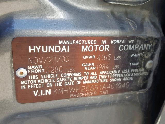 KMHWF25S51A401940 - 2001 HYUNDAI SONATA GL GRAY photo 10