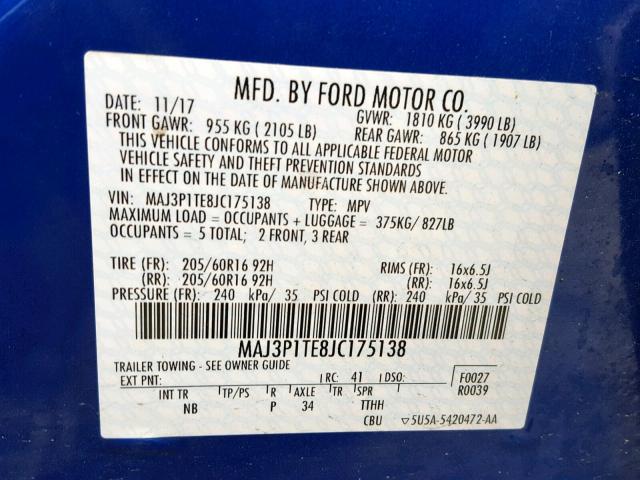 MAJ3P1TE8JC175138 - 2018 FORD ECOSPORT S BLUE photo 10