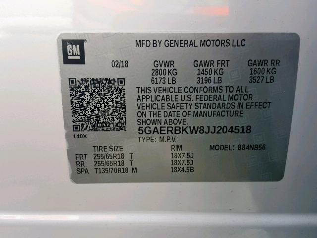 5GAERBKW8JJ204518 - 2018 BUICK ENCLAVE ES WHITE photo 10