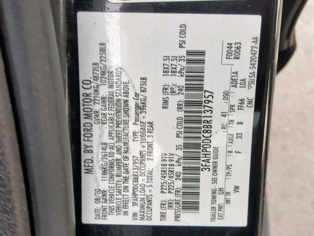 3FAHP0DC8BR137957 - 2011 FORD FUSION SPO BLACK photo 10