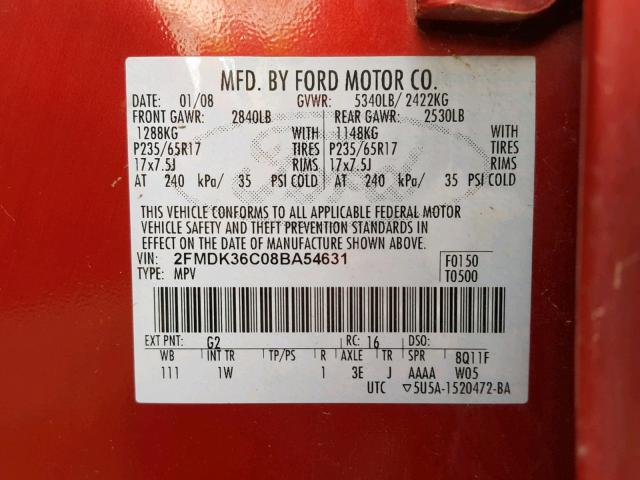 2FMDK36C08BA54631 - 2008 FORD EDGE SE RED photo 10