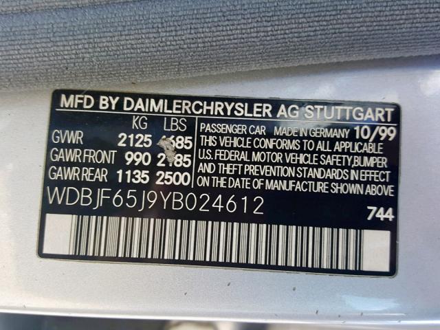 WDBJF65J9YB024612 - 2000 MERCEDES-BENZ E 320 SILVER photo 10