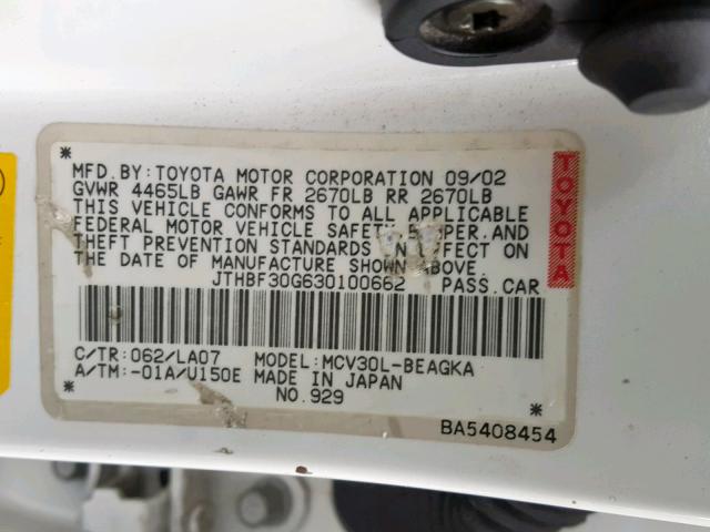 JTHBF30G630100662 - 2003 LEXUS ES 300 WHITE photo 10