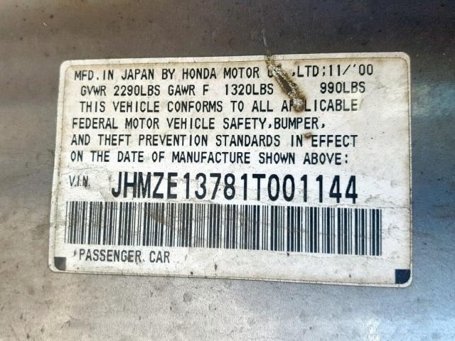 JHMZE13781T001144 - 2001 HONDA INSIGHT SILVER photo 10