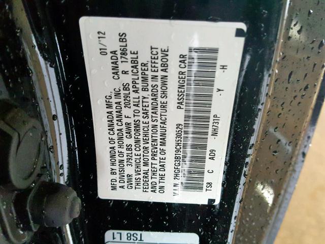 2HGFG3B19CH530529 - 2012 HONDA CIVIC EXL BLACK photo 10