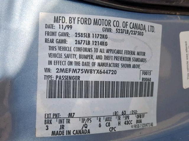 2MEFM75W8YX644720 - 2000 MERCURY GRAND MARQ BLUE photo 10