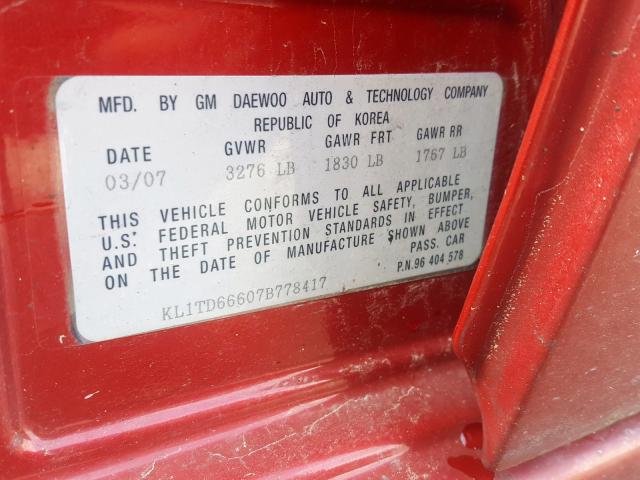 KL1TD66607B778417 - 2007 CHEVROLET AVEO BASE  foto 10