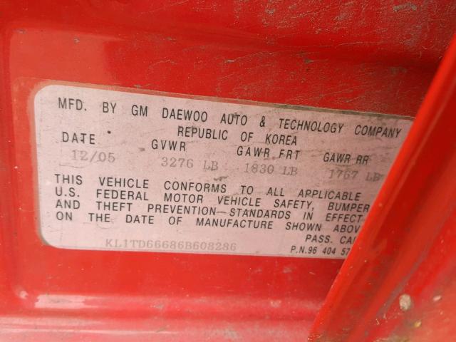 KL1TD66686B608286 - 2006 CHEVROLET AVEO BASE წითელი ფოტო 10