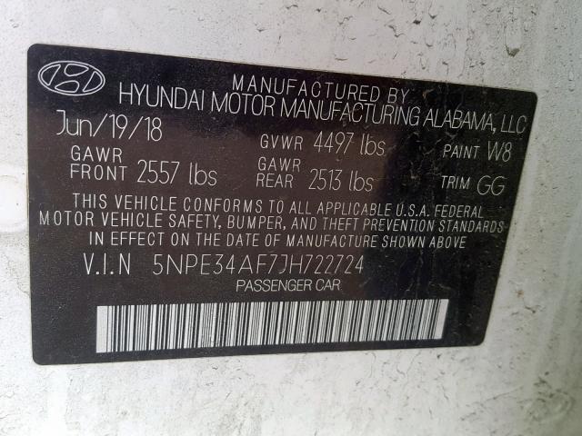 5NPE34AF7JH722724 - 2018 HYUNDAI SONATA SPO WHITE photo 10