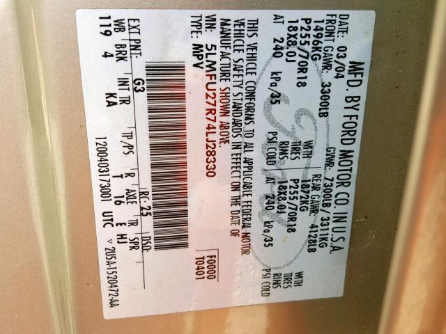 5LMFU27R74LJ28330 - 2004 LINCOLN NAVIGATOR 米色 照片 10