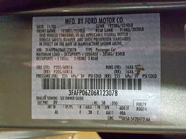 3FAFP06Z06R123078 - 2006 FORD FUSION S GREEN photo 10