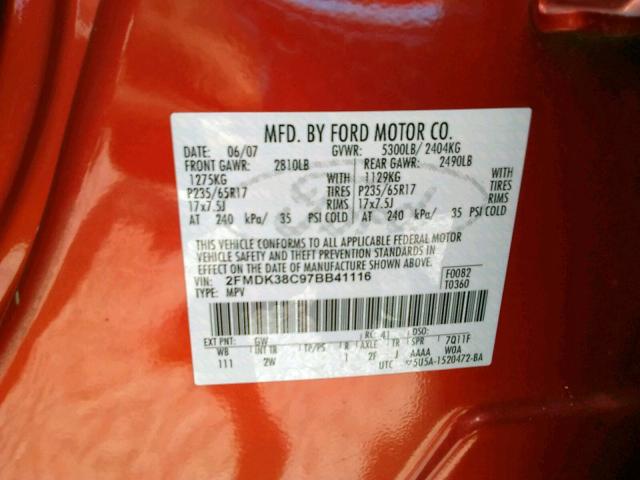 2FMDK38C97BB41116 - 2007 FORD EDGE SEL ORANGE photo 10