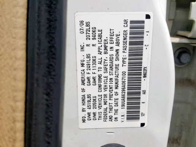 19UUA66296A067100 - 2006 ACURA 3.2TL WHITE photo 10