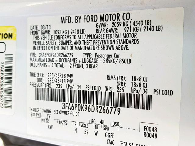 3FA6P0K96DR266779 - 2013 FORD FUSION TIT WHITE photo 10