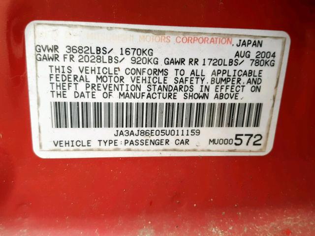 JA3AJ86E05U011159 - 2005 MITSUBISHI LANCER OZ RED photo 10