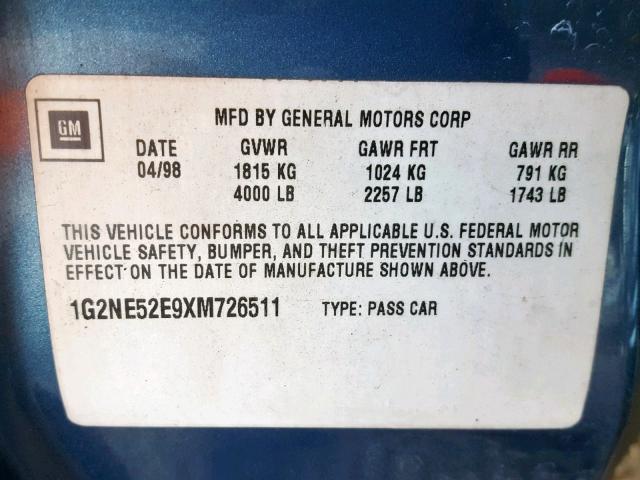 1G2NE52E9XM726511 - 1999 PONTIAC GRAND AM S BLUE photo 10