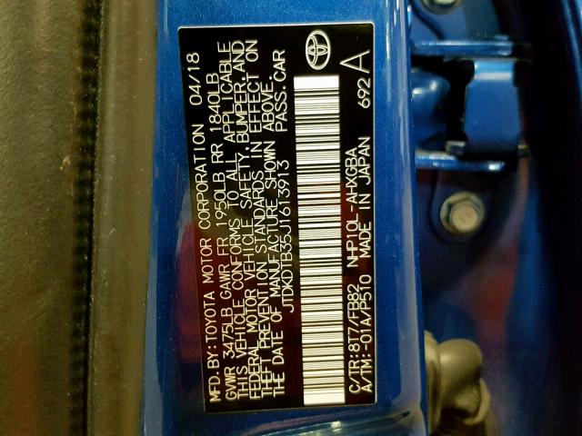 JTDKDTB35J1613913 - 2018 TOYOTA PRIUS C BLUE photo 10