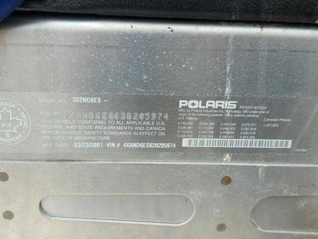 4XAND6ES62B205974 - 2002 POLARIS 600 BLUE photo 10