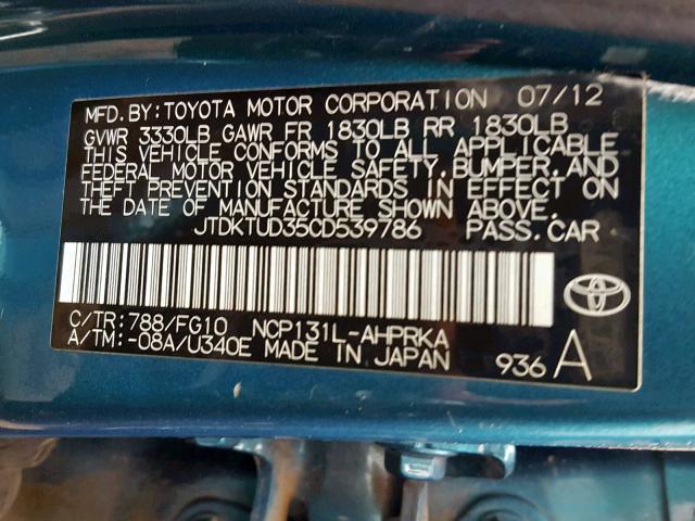 JTDKTUD35CD539786 - 2012 TOYOTA YARIS BLUE photo 10