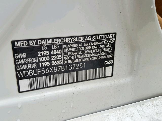 WDBUF56X87B137251 - 2007 MERCEDES-BENZ E 350 WHITE photo 10