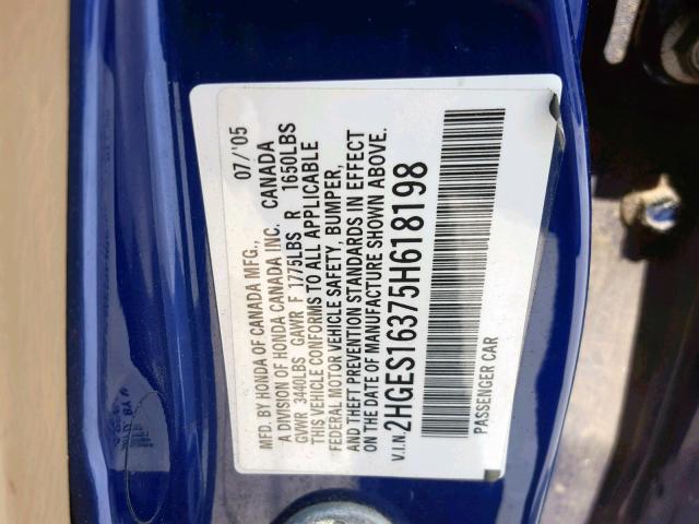 2HGES16375H618198 - 2005 HONDA CIVIC DX V BLUE photo 10