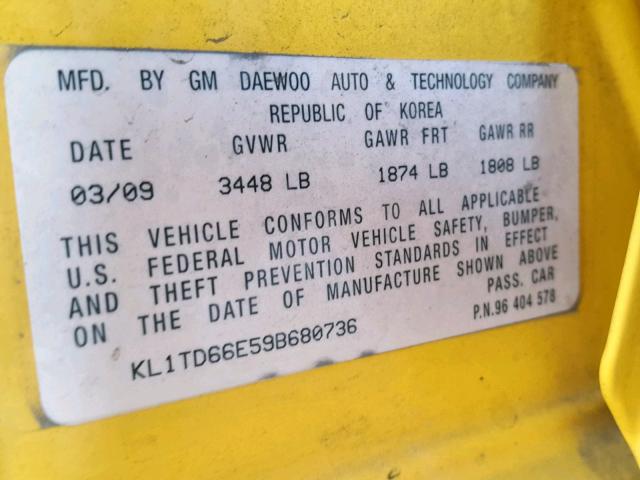 KL1TD66E59B680736 - 2009 CHEVROLET AVEO LS YELLOW photo 10