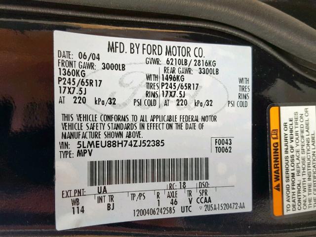 5LMEU88H74ZJ52385 - 2004 LINCOLN AVIATOR Qara foto 10