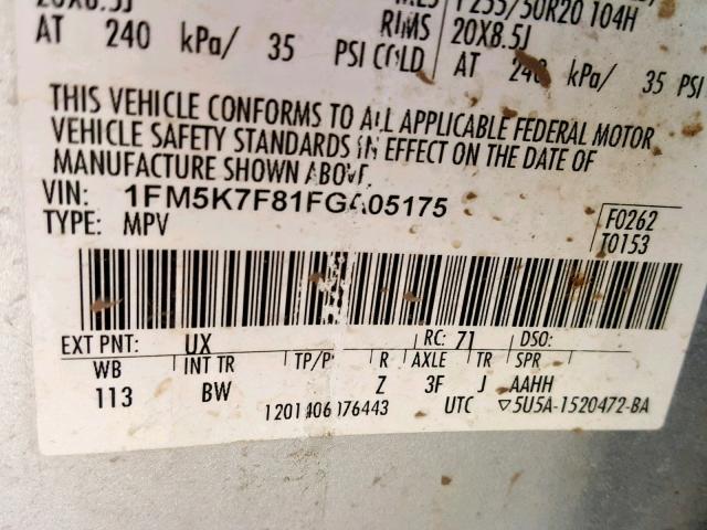 1FM5K7F81FGA05175 - 2015 FORD EXPLORER L SILVER photo 10