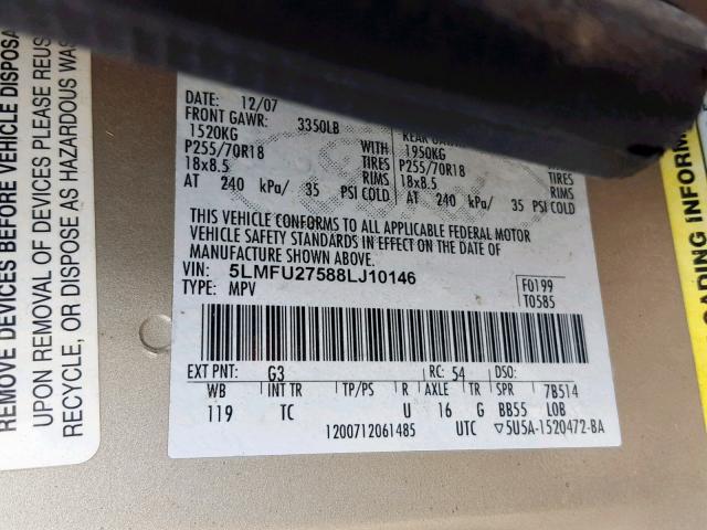 5LMFU27588LJ10146 - 2008 LINCOLN NAVIGATOR 金色 照片 10