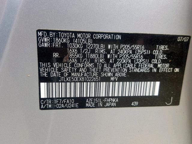 JTLKE50EX81022651 - 2008 TOYOTA SCION XB 银色 照片 10