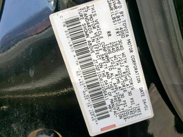 JTJGF10U610106411 - 2001 LEXUS RX 300 BLACK photo 10