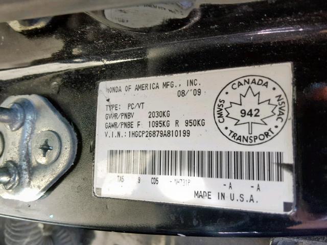 1HGCP26879A810199 - 2009 HONDA ACCORD EXL BURN photo 10