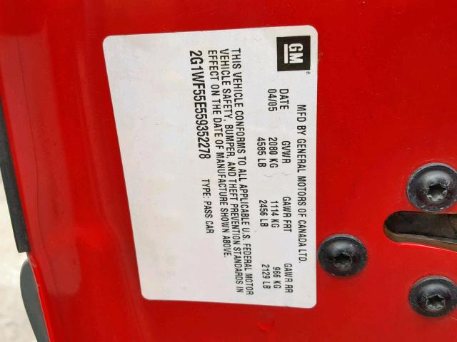 2G1WF55E559352278 - 2005 CHEVROLET IMPALA RED photo 10